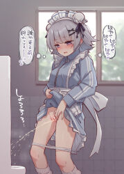 1girl apron bar_censor blk-elk blunt_bangs blush censored clothes_lift grey_hair hair_ornament highres jacket jersey_maid koharu_rikka maid maid_apron maid_headdress panties panty_pull peeing pointless_censoring purple_eyes pussy short_hair skirt skirt_lift solo standing synthesizer_v toilet toilet_use track_jacket translation_request unconventional_maid underwear urinal urinal_use x_hair_ornament