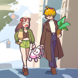 2girls :d alice_margatroid alternate_costume bag black_shirt blue_pants blush_stickers brown_coat brown_hair brown_shoes cigarette closed_mouth coat commentary_request cookie_(touhou) fluffy_fluffy_rabbit-chan food-themed_hair_ornament full_body green_jacket green_shorts gun hair_ornament hair_over_eyes hairband highres holding holding_bag holding_gun holding_weapon ichigo_(cookie) jacket jigen_(cookie) long_bangs long_hair looking_at_another looking_to_the_side midriff multiple_girls navel open_clothes open_coat open_jacket open_mouth outdoors pants red_hairband shirt shoes short_hair shorts smile smoking strawberry_hair_ornament stuffed_animal stuffed_rabbit stuffed_toy touhou traffic_light ukiwagirl walking weapon white_shirt