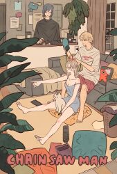 1girl 2boys 2others animal cat chainsaw_man closed_eyes closed_mouth commentary_request controller copyright_name denji_(chainsaw_man) full_body hair_between_eyes hair_dryer hayakawa_aki highres holding holding_hair_dryer horns indoors long_hair meowy_(chainsaw_man) multiple_boys multiple_others pillow pochita_(chainsaw_man) pointing power_(chainsaw_man) red_horns remote_control short_hair takeuchi_ryousuke