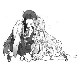 1boy 1girl artist_request between_legs blunt_ends bodysuit bow bridal_legwear brown_eyes cape clenched_hand closed_eyes commission commissioner_insert couple face-to-face facing_another feathers flower full_body furisode gem genshin_impact greyscale hair_bow hair_flower hair_ornament hakama hakama_shorts hand_between_legs hand_on_another&#039;s_face hand_on_own_chest hand_up hayami_momo_(hayamimomo) hetero highres holding_hands japanese_clothes kimono kiss kissing_nose kneehighs kneeling layered_sleeves leg_warmers long_hair long_sleeves looking_at_another mandarin_collar monochrome on_one_knee original pleated_shorts pom_pom_(clothes) sandals scaramouche_(genshin_impact) shawl short_sleeves shorts socks spot_color stirrup_legwear tabi toeless_legwear very_long_hair vision_(genshin_impact) wanderer_(genshin_impact) white_background zouri