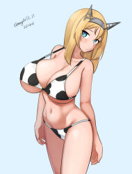 1girl absurdres alternate_costume animal_print aqua_background bikini breasts cleavage cow_print cow_print_bikini dated highres kantai_collection large_breasts maru_(marg0613) nelson_(kancolle) one-hour_drawing_challenge print_bikini simple_background solo standing swimsuit twitter_username white_bikini