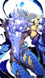 black_sclera blue_eyes body_fur colored_sclera cowboy_shot digimon digimon_(creature) furry highres kitsune renamon sa-dui solo transformation wireframe yellow_fur