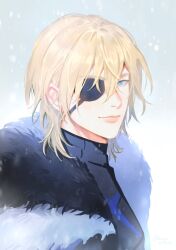 1boy armor black_armor black_fur blonde_hair blue_eyes closed_mouth commentary_request dimitri_alexandre_blaiddyd dimitri_alexandre_blaiddyd_(timeskip) eyepatch fire_emblem fire_emblem:_three_houses grey_background hair_between_eyes highres looking_at_viewer male_focus nintendo one_eye_covered procreate_(medium) rm-parfait short_hair smile snow solo upper_body white_fur