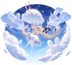 Rule 34 | 1girl, absurdres, ahoge, arm up, armpits, attilio regolo (angel from above) (azur lane), attilio regolo (azur lane), azur lane, blue sky, bow, brown hair, criss-cross halter, dress, elbow gloves, falling, fang, frilled dress, frills, full body, gloves, hair bow, halterneck, hat, heart, heart-shaped pupils, heart ahoge, highres, holding, holding stuffed toy, holding umbrella, k.t.cube, long hair, looking at viewer, manjuu (azur lane), non-web source, official art, open mouth, purple eyes, red bow, shaped cloud, shoes, sky, smile, solo, stuffed toy, symbol-shaped pupils, thighhighs, twintails, umbrella, very long hair, white dress, white gloves, white hat, white shoes, white thighhighs, white umbrella