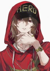 Rule 34 | 1boy, akechi gorou, baseball cap, black hat, bracelet, brown hair, chain, chain necklace, clothes writing, doran (doran7280), drawstring, gold chain, hair between eyes, hand on own chin, hand on own face, hand up, hat, highres, hood, hood up, hoodie, jewelry, long sleeves, looking at viewer, male focus, medium hair, necklace, official alternate costume, parted lips, persona, persona 5: dancing star night, persona dancing, red eyes, red hoodie, ring, shirt, simple background, solo, teeth, upper body, watch, white background, white shirt, wristwatch