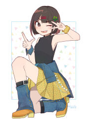 1girl black_hair black_shirt brown_eyes character_request clothes_around_waist copyright_request dated denim full_body hair_ornament hairclip high_heels highres hiroe_(cosmos_blue-02_421) jacket jacket_around_waist jeans kneeling looking_at_viewer one_eye_closed open_mouth pants parallel_hairclips plaid_clothes plaid_skirt pleated_skirt scrunchie shirt signature skirt sleeveless sleeveless_shirt solo star_(symbol) star_hair_ornament teeth yellow_scrunchie yellow_skirt