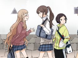 3girls ano_fuji bag black_shorts blue_skirt brown_hair duffel_bag game_cg green_jacket hands_in_pockets jacket komano_hina long_hair looking_at_another multiple_girls non-web_source okujou_no_yurirei-san outdoors parted_lips pe88y_(yu_tsugirls) pink_sweater plaid_clothes plaid_skirt pleated_skirt ponytail red-framed_eyewear school_bag school_uniform semi-rimless_eyewear short_hair shorts skirt smile stone_wall sweater toomi_yuna under-rim_eyewear