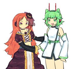1boy 1other 39chan alien androgynous antenna bare_shoulders crossdressing denpakun detached_sleeves dress gothic_lolita green_eyes green_hair hair_intakes handshake hat headphones highres lolita_fashion long_hair mini_hat mini_top_hat namine_ritsu navel piano_print purple_dress red_hair shirt tagme thighs top_hat tsukuyomi_sena utau white_shirt white_sleeves