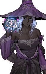 Rule 34 | 2girls, :&lt;, :3, black dress, black skin, braid, breasts, chibi, colored eyelashes, colored skin, commentary, dress, elden ring, elden ring nightreign, emphasis lines, english commentary, flower wreath, grey eyes, hat, head wreath, highres, holding, large breasts, large hat, low twin braids, multiple girls, purple sleeves, rashuu, recluse (elden ring), revenant (elden ring), star (symbol), twin braids, veil, white background, white dress, white eyelashes, white veil, witch, witch hat