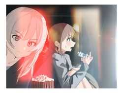 2girls black_sweater blue_eyes blush border brown_hair chinese_commentary closed_mouth food girls_band_cry grey_eyes grey_hair grey_hoodie haidao_mao hair_between_eyes highres hood hood_down hoodie iseri_nina kawaragi_momoka long_hair long_sleeves looking_at_viewer low_twintails multicolored_hair multiple_girls open_mouth popcorn roots_(hair) short_hair short_twintails sweat sweater twintails white_border