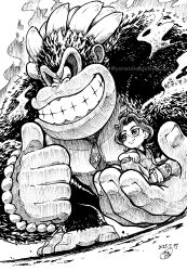 1boy 1girl artist_name barefoot dated donkey_kong donkey_kong_(series) donkey_kong_bananza gorilla grin highres kong_bananza monochrome necktie nintendo pauline_(mario) pauline_(young)_(mario) sitting smile thumbs_up watermark yamato_koara