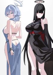 2girls absurdres ako_(blue_archive) ako_(dress)_(blue_archive) backless_dress backless_outfit bare_back bare_shoulders black_dress black_gloves black_hair black_halo blue_archive blue_dress blue_eyes blue_hair blue_halo blunt_bangs blush breasts bright_pupils butt_crack covered_navel dress elbow_gloves gloves groin hair_between_eyes hair_ornament hairclip halo hand_on_own_hip highres katagiri_nanoka large_breasts long_hair looking_at_viewer medium_hair multicolored_halo multiple_girls red_eyes red_halo rio_(blue_archive) sideboob single_handcuff smile thighs two-tone_halo very_long_hair white_pupils