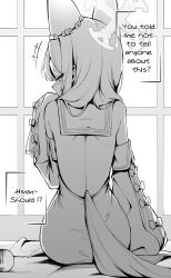 Rule 34 | 1girl, absurdres, animal ears, ass, back, bare shoulders, blue archive, clover dot (clov erd), detached sleeves, dress, english text, fox ears, fox tail, from behind, greyscale, halo, hand up, highres, indoors, long hair, looking at viewer, looking back, monochrome, seia (blue archive), sitting, sleeve bow, sleeveless, sleeveless dress, sleeves past fingers, sleeves past wrists, solo, speech bubble, spot color, tail, yellow eyes