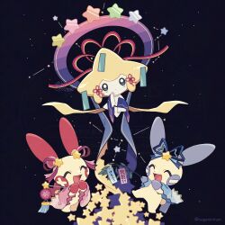 Rule 34 | animal focus, bamboo, blue eyes, closed eyes, closed mouth, colored skin, floating, full body, gen 3 pokemon, hagoromo, highres, holding, holding tanzaku, jirachi, legendary pokemon, looking at viewer, minun, mythical pokemon, namigon, nintendo, no humans, open mouth, plusle, pokemon, pokemon (creature), pokemon focus, shawl, smile, star (sky), star (symbol), tanabata, tanzaku, white skin
