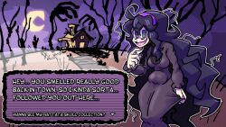 ... 1girl @_@ blue_eyes breasts colored_skin commentary crazy_eyes crazy_smile dress english_text fake_screenshot galactabee hair_between_eyes hairband hex_maniac_(pokemon) long_dress long_hair long_sleeves medium_breasts messy_hair night night_sky nintendo open_mouth pokemon pokemon_xy purple_dress purple_hair purple_hairband sitting sky smile solo wide_hips