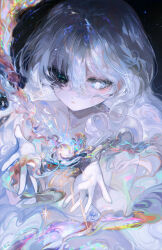 1girl bare_shoulders black_eyes cloud convenient_censoring curly_hair grey_hair heterochromia highres hyatsu long_hair looking_down multicolored_hair night night_sky nude orb original parted_lips sky solo star_(sky) teeth two-tone_hair white_eyes white_hair