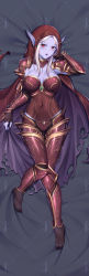 armor armored_boots boots cape colored_skin elf fantasy gauntlets glowing glowing_eyes highres hood long_eyebrows long_hair long_pointy_ears pauldrons pointy_ears purple_armor purple_skin red_eyes sannio shoulder_armor sylvanas_windrunner undead warcraft world_of_warcraft