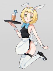 1girl animal_ears apron black_leotard blonde_hair blunt_bangs blush bow bowtie braid breasts collar drink fake_animal_ears fua1heyvot4ifsr green_eyes highres holding holding_tray leotard lillie_(pokemon) long_hair looking_at_viewer maid maid_apron nintendo nontraditional_playboy_bunny open_mouth playboy_bunny pokemon pokemon_sm rabbit_ears rabbit_tail shoes solo tail thighhighs tray twin_braids white_apron white_thighhighs wrist_cuffs