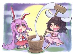 2girls :o ;d absurdly_long_hair animal_ears barefoot black_footwear black_hair blush_stickers border chibi commentary_request dress food full_moon hair_between_eyes hands_up holding inaba_tewi kine long_hair mallet miniskirt mochi mochitsuki moon multiple_girls necktie night night_sky one_eye_closed open_mouth outdoors pink_dress pink_skirt puffy_short_sleeves puffy_sleeves purple_hair rabbit_ears rabbit_girl rabbit_tail red_eyes red_neckwear reisen_udongein_inaba shirt shoes short_hair short_sleeves skirt sky smile socks syuri22 tail touhou v-shaped_eyebrows very_long_hair white_border white_legwear white_shirt