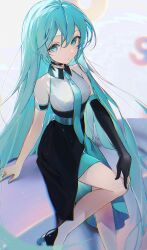 1girl absurdres alternate_hairstyle aqua_eyes aqua_hair aqua_nails aqua_necktie aqua_trim arm_rest armlet bare_legs bare_shoulders black_choker black_gloves black_shoes breasts choker commentary_request covered_collarbone double-parted_bangs dress elbow_gloves from_above gloves hair_between_eyes hatsune_miku high_heels highres jewelry kamatoyu leaning_back long_hair looking_at_viewer medium_breasts multicolored_dress necktie partially_fingerless_gloves shoes sidelocks single_elbow_glove single_glove solo standing standing_on_one_leg straight_hair very_long_hair vocaloid