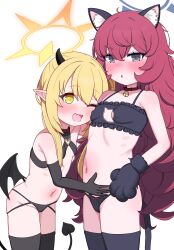 2girls absurdres animal_ears animal_hands black_bra black_horns black_panties black_tail blackness_(blackness661) blonde_hair blue_archive blush bra cat_cutout cat_lingerie clothing_cutout demon_girl demon_horns demon_tail demon_wings gloves grey_eyes halo highres horns ibuki_(blue_archive) iroha_(blue_archive) loli long_hair multiple_girls navel one_eye_closed open_mouth panties paw_gloves pointy_ears red_hair simple_background tail thighhighs underwear white_background wings yellow_eyes yellow_halo