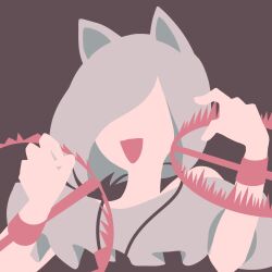 Rule 34 | 1girl, animal ears, bear trap, brown background, dog ears, dog girl, flat color, grey hair, hands up, highres, jewelry, limited palette, maskin mei, minimalism, mitsugashira enoko, necklace, no eyes, no lineart, off-shoulder shirt, off shoulder, open mouth, portrait, shirt, short hair, silhouette, simple background, smile, solo, touhou