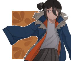 1girl black_eyes black_hair black_skirt border cowboy_shot fur-trimmed_jacket fur_trim hair_between_eyes highres jacket knives_chau looking_to_the_side plaid_clothes plaid_skirt pleated_skirt ponytail scott_pilgrim_(series) scott_pilgrim_takes_off shirt short_hair short_ponytail sidelocks skirt sleeves_past_fingers sleeves_past_wrists solo standing syneheart white_shirt