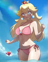 1boy 1girl :o alternate_costume bikini blue_eyes blue_sky breasts brown_hair cleavage cloud commentary crown day earrings gloves halterneck hat highres jewelry large_breasts legs lips long_hair looking_at_viewer mario mario_(series) muis0802 navel newsboy_cap nintendo ocean outdoors partially_submerged pink_bikini pink_lips princess_peach red_hat short_hair side-tie_bikini_bottom sky smile stomach string_bikini sunlight swimsuit thighs water white_gloves