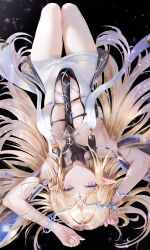 1girl absurdres age_fx arms_up bare_shoulders black_collar black_dress blonde_hair blue_eyes breasts cartethyia_(wuthering_waves) chinese_commentary collar commentary_request crown_of_thorns dress earrings from_above hair_spread_out highres jewelry knees_up long_hair looking_at_viewer lying medium_breasts necklace on_back parted_bangs parted_lips pointy_ears sidelocks solo tabard tacet_mark_(wuthering_waves) thighs very_long_hair white_tabard wuthering_waves