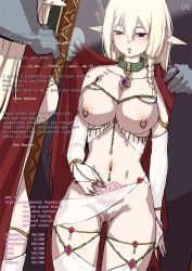 Rule 34 | 1girl, anal, anal object insertion, bdsm, blonde hair, bondage, bound, breasts, bridal gauntlets, chain, clitoral stimulation, clitoris piercing, clitoris ring, cloak, collar, ear piercing, elf, feather hair ornament, feathers, gameplay mechanics, gold chain, hair ornament, harem outfit, highres, hypnosis, jewelry, large breasts, magic, mind control, mirror, nipple piercing, nipple rings, object insertion, orc, original, piercing, pointy ears, pubic hair, pubic tattoo, pussy piercing, red cloak, red eyes, shaking, slave, slave tattoo, solinda (yakou), stats, tag, tattoo, teardrop, tears, translated, vaginal piercing, yakou (4507770)