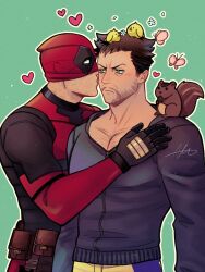 2boys animal animal_on_head animal_on_shoulder beard bird black_gloves blush bodysuit brown_hair bug butterfly chest_hair closed_mouth commentary_request couple deadpool deadpool_&amp;_wolverine deadpool_(series) facial_hair flower gloves green_eyes heart highres insect kiss kissing_cheek long_sleeves looking_at_another marvel marvel_cinematic_universe mask mask_lift mature_male multiple_boys muscular muscular_male nut_(food) on_head pectorals red_bodysuit red_mask sherlock7akane short_hair signature squirrel superhero_costume wolverine_(x-men) x-men yaoi