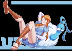1girl absurdres altaria arm_behind_head bird birthday blue_shirt blue_shorts blush breasts cleavage closed_mouth commentary crossover elbow_gloves english_commentary feet full_body gen_3_pokemon gloves highres k_kunart leg_up legs long_hair looking_at_viewer medium_breasts nami_(one_piece) nintendo one_eye_closed one_piece orange_hair pokemon pokemon_(creature) shirt short_sleeves shorts sitting toes tongue tongue_out white_gloves