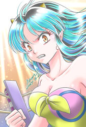 1girl 2024 aononmi black_hair blue_hair bow breasts cleavage clenched_hand clenched_teeth collarbone dated highres horns lum medium_breasts multicolored_hair orange_eyes pointy_ears signature strapless teeth upper_body urusei_yatsura v-shaped_eyebrows wrestling_outfit wrestling_ring yellow_bow