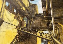 Rule 34 | absurdres, blue sky, bridge, building, canal, cloud, cloudy sky, day, from side, highres, ibsukionsen, landscape, no humans, original, painting (medium), scenery, shadow, sky, sunlight, traditional media, water, watercolor (medium), window, wooden wall