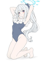 1girl armpits arms_behind_head arms_up barefoot blue_archive blue_halo blue_one-piece_swimsuit blush casual_one-piece_swimsuit commentary covered_navel feet flat_color frilled_one-piece_swimsuit frills halo highres kneeling legs long_hair looking_at_viewer miyako_(blue_archive) miyako_(swimsuit)_(blue_archive) off-shoulder_one-piece_swimsuit off_shoulder official_alternate_costume official_alternate_hairstyle one-piece_swimsuit purple_eyes simple_background solo swimsuit t1kosewad thighs wet white_background