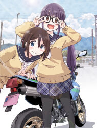 2girls absurdres blue_eyes blush brown_eyes double_v highres license_plate long_hair looking_at_viewer maruyo motor_vehicle motorcycle multiple_girls oogaki_chiaki open_mouth pantyhose photo_background pleated_skirt ponytail purple_hair saitou_ena school_uniform short_hair skirt smile sweater v v_over_eye yellow_sweater yurucamp