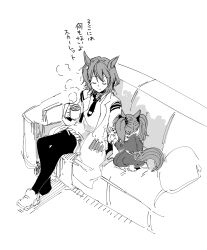 2girls aged_down agnes_tachyon_(umamusume) animal_ears closed_eyes commentary couch cup cushion daiwa_scarlet_(umamusume) earrings greyscale hem_peeking_out holding holding_cup horse_ears horse_girl horse_tail jewelry lab_coat long_sleeves medium_hair monochrome mug multiple_girls necktie on_couch pantyhose short_necktie single_earring sitting sketch sleeves_past_wrists steam tail test_tube translated twintails umamusume uzaki_(jiro)