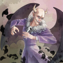 1boy artist_name bald black_nails ellidena facial_hair formal_clothes fur_trim glasses highres horns mairimashita!_iruma-kun male_focus mustache old old_man purple_suit solo suit sullivan_(iruma-kun) white_hair wings