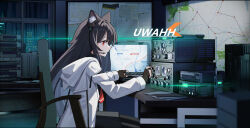 Rule 34 | 1girl, animal ear fluff, animal ears, at computer, black hair, black pantyhose, black skirt, blurry, blurry foreground, brown gloves, building, chair, city lights, cityscape, closed mouth, commentary request, computer, condensation, desk, english text, fingerless gloves, from side, gloves, headset, hood, hoodie, indoors, laptop, lens flare, long hair, long sleeves, map, monitor, multitasking, neckerchief, night, night sky, office chair, original, pantyhose, paper, pleated skirt, radio, radio transceiver, red eyes, red neckerchief, roller map, sidelocks, sitting, skirt, sky, skyscraper, swivel chair, table, thread, typing, walkie-talkie, white hoodie, window, wuming yaoguai