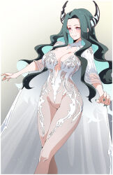 absurdres alternate_costume aqua_hair black_hair bodysuit breasts broken_horn cape chronopattern_dress cleavage colored_inner_hair demon_horns highres hololive hololive_english horns joeboto large_breasts long_hair malpha_ravencroft meme_attire mole mole_under_eye multicolored_hair nail_polish pink_eyes revealing_clothes see-through_bodysuit see-through_clothes smile two-tone_hair virtual_youtuber wavy_hair white_cape