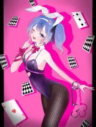 1girl animal_ear_hairband animal_ears black_leotard black_pantyhose blue_eyes blue_hair bow bowtie breasts card clothing_cutout cuffs detached_collar fake_animal_ears fishnet_pantyhose fishnets hairband handcuffs hatsune_miku heart_cutout highres index_finger_raised leotard looking_at_viewer necktie open_mouth otomo2696163888 pantyhose pink_bow pink_bowtie pink_necktie playboy_bunny playing_card rabbit_ear_hairband rabbit_ears rabbit_hole_(vocaloid) short_hair short_necktie small_breasts solo vocaloid