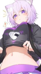 ! 1girl ahoge animal_ears black_hoodie cat_ears cat_tail from_below highres hololive hood hoodie midriff navel nekomata_okayu nekomata_okayu_(1st_costume) purple_eyes purple_hair ryuga_(balius) tail virtual_youtuber white_background