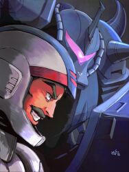 Rule 34 | 1boy, brown eyes, commentary request, facial hair, gouf, grin, gundam, helmet, horns, looking ahead, male focus, mecha, mecha pilot suit, mobile suit, mobile suit gundam, moroboshi danshaku, mustache, normal suit (gundam), one-eyed, pilot helmet, profile, purple eyes, ramba ral, robot, science fiction, shoulder spikes, single horn, smile, spikes