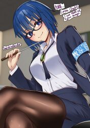 1girl absurdres armband blue_eyes blue_hair blue_jacket blue_skirt breasts brooch brown_pantyhose ciel_(tsukihime) collared_shirt english_text fukou glasses highres jacket jewelry large_breasts long_sleeves looking_at_viewer neck_ribbon pantyhose pencil_skirt pointer ribbon shirt short_hair skirt smile speech_bubble thighs tsukihime white_shirt