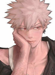 1boy absurdres bakugou_katsuki bel_(slbelen_) blonde_hair boku_no_hero_academia collarbone commentary earrings english_commentary eyelashes highres jewelry lips looking_to_the_side male_focus nose red_eyes short_hair signature simple_background solo spiked_hair tank_top upper_body white_background white_tank_top