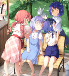 5girls ;t absurdres angora_rabbit animal black_skirt blonde_hair blue_dress blue_eyes blue_hair blue_ribbon blue_shorts brown_eyes brown_skirt child closed_mouth clothes_around_waist collared_shirt commentary_request day dress fuiba_fuyu gochuumon_wa_usagi_desu_ka? highres holding holding_animal jouga_maya kafuu_chino kirima_syaro long_hair low_twintails multiple_girls natsu_megumi neck_ribbon one_eye_closed outdoors pink_skirt plaid_clothes plaid_skirt pleated_skirt puffy_short_sleeves puffy_shorts puffy_sleeves rabbit red_eyes ribbon sailor_collar sandals scar scar_across_eye scar_on_face shirt short_sleeves shorts sitting skirt sleeveless sleeveless_dress standing stick_jitb suspender_skirt suspenders tippy_(gochiusa) tree twintails very_long_hair white_sailor_collar white_sandals white_shirt wild_geese