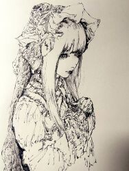 1girl bonnet closed_mouth collared_dress dress expressionless frilled_dress frilled_sleeves frills highres layered_sleeves lipstick lolita_fashion long_hair long_sleeves makeup original own_hands_together sketch solo traditional_media ulpham upper_body