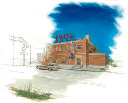 absurdres car cing highres hotel hotel_dusk landscape motor_vehicle no_humans official_art partially_colored pylon scenery sign transmission_tower