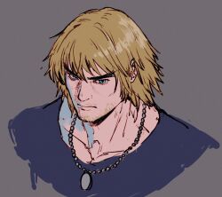 1boy beard_stubble black_shirt blonde_hair blue_eyes closed_mouth collarbone commentary_request crew_neck facial_hair grey_background highres jewelry ken_masters male_focus mista0930 necklace shirt simple_background solo street_fighter street_fighter_6 stubble thick_eyebrows unfinished