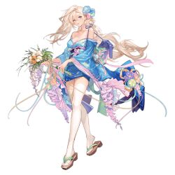 1girl apc556_(blue_moon_wisteria)_(girls&#039;_frontline) apc556_(girls&#039;_frontline) bare_shoulders blonde_hair blue_eyes blue_flower blue_kimono bouquet breasts cleavage floral_print floral_print_kimono flower flower_request full_body girls&#039;_frontline hair_between_eyes hair_flower hair_ornament highres holding holding_bouquet japanese_clothes kimono light_smile long_hair looking_at_viewer medium_breasts obi off_shoulder official_alternate_costume official_art orb parted_lips print_kimono purple_sash sandals sash satsuya short_kimono simple_background solo standing thighhighs third-party_source transparent_background very_long_hair weapon_case white_thighhighs wide_sleeves